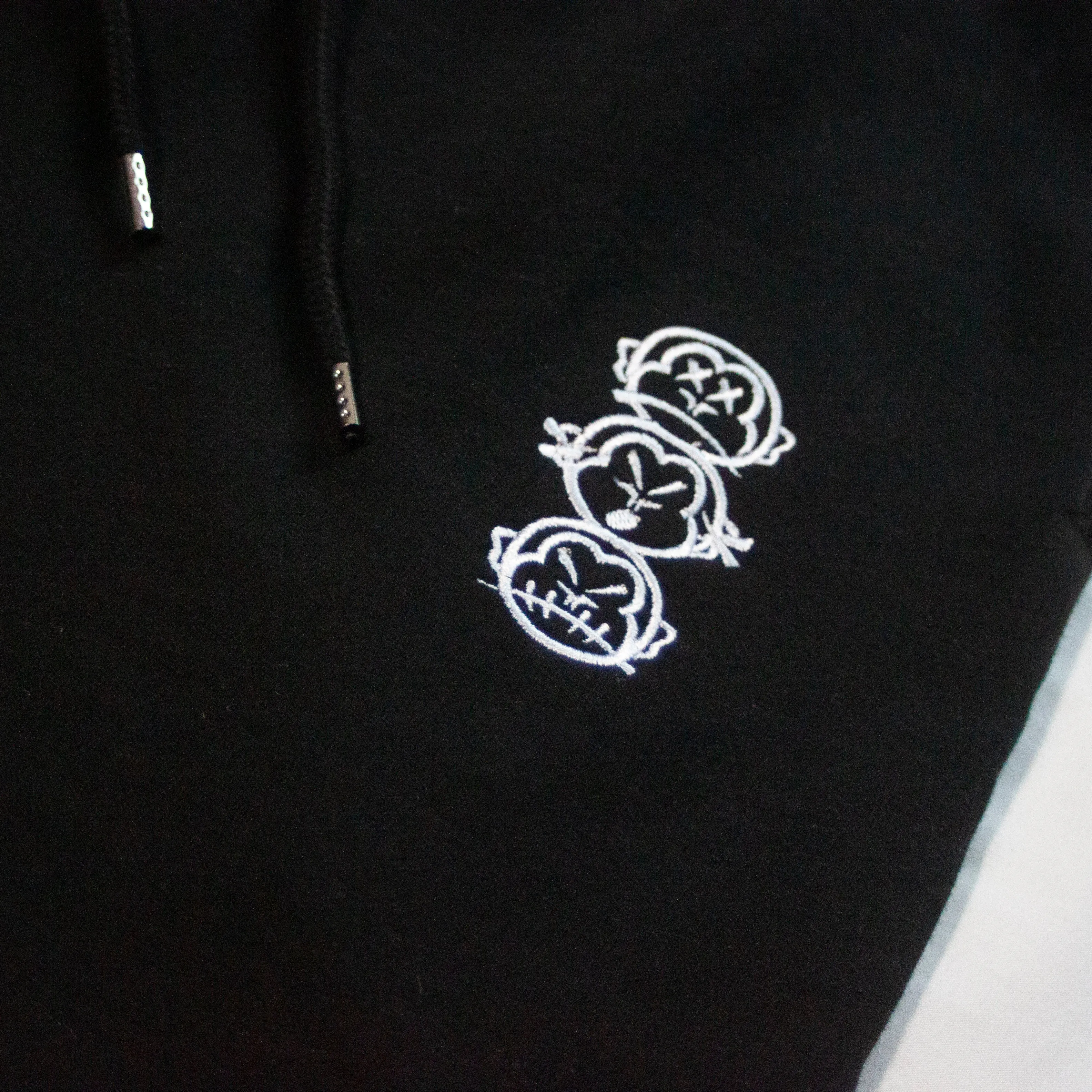 'Three Wise Monkeys' Embroidered Black Jogger Shorts