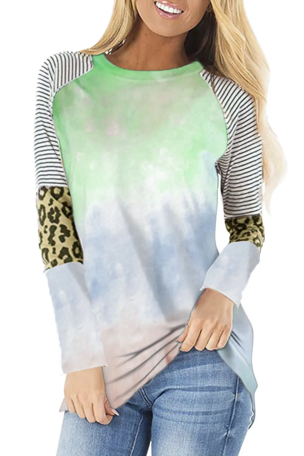 Tie-dyed Striped and Leopard Long Sleeves Top