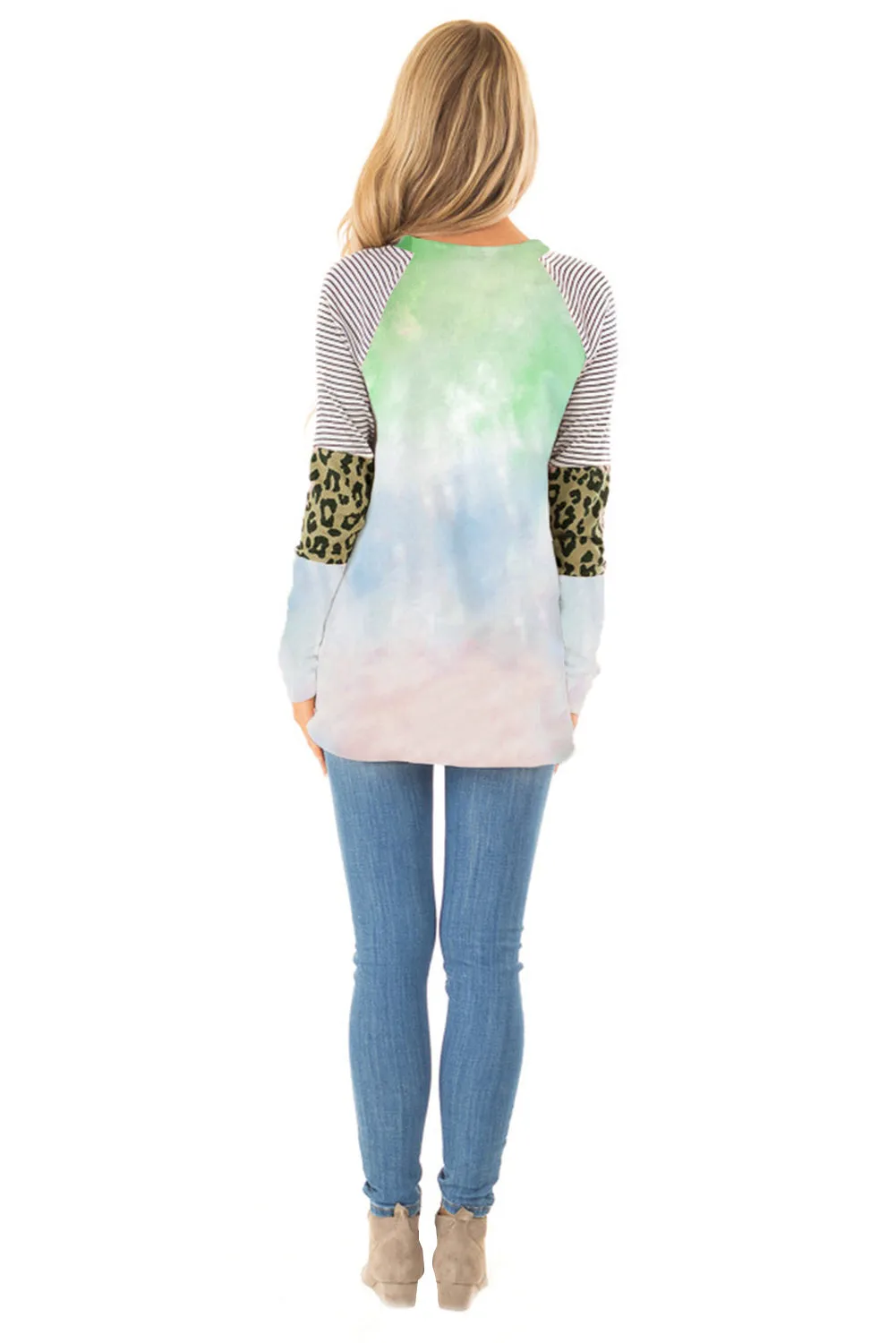 Tie-dyed Striped and Leopard Long Sleeves Top