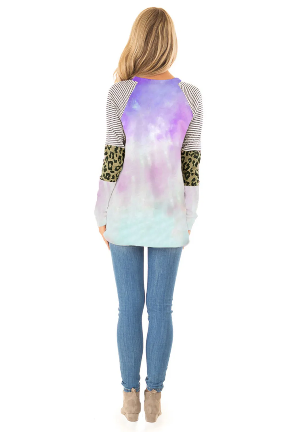 Tie-dyed Striped and Leopard Long Sleeves Top