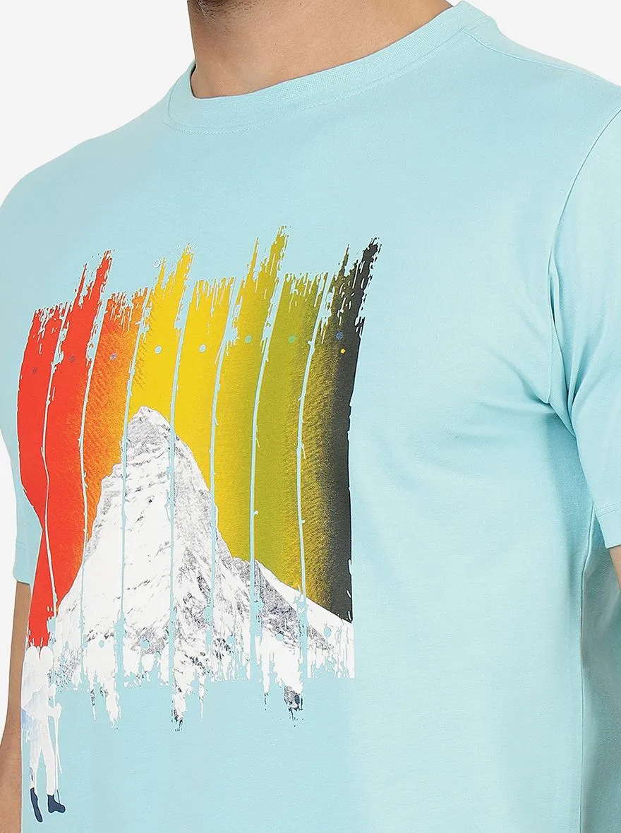 Turquoise Blue Printed Slim Fit T-Shirt | JadeBlue