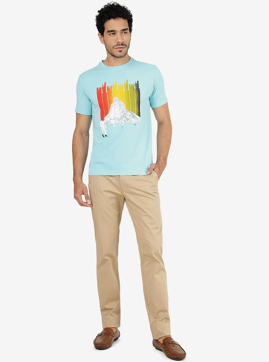 Turquoise Blue Printed Slim Fit T-Shirt | JadeBlue