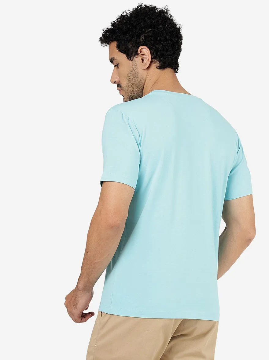 Turquoise Blue Printed Slim Fit T-Shirt | JadeBlue