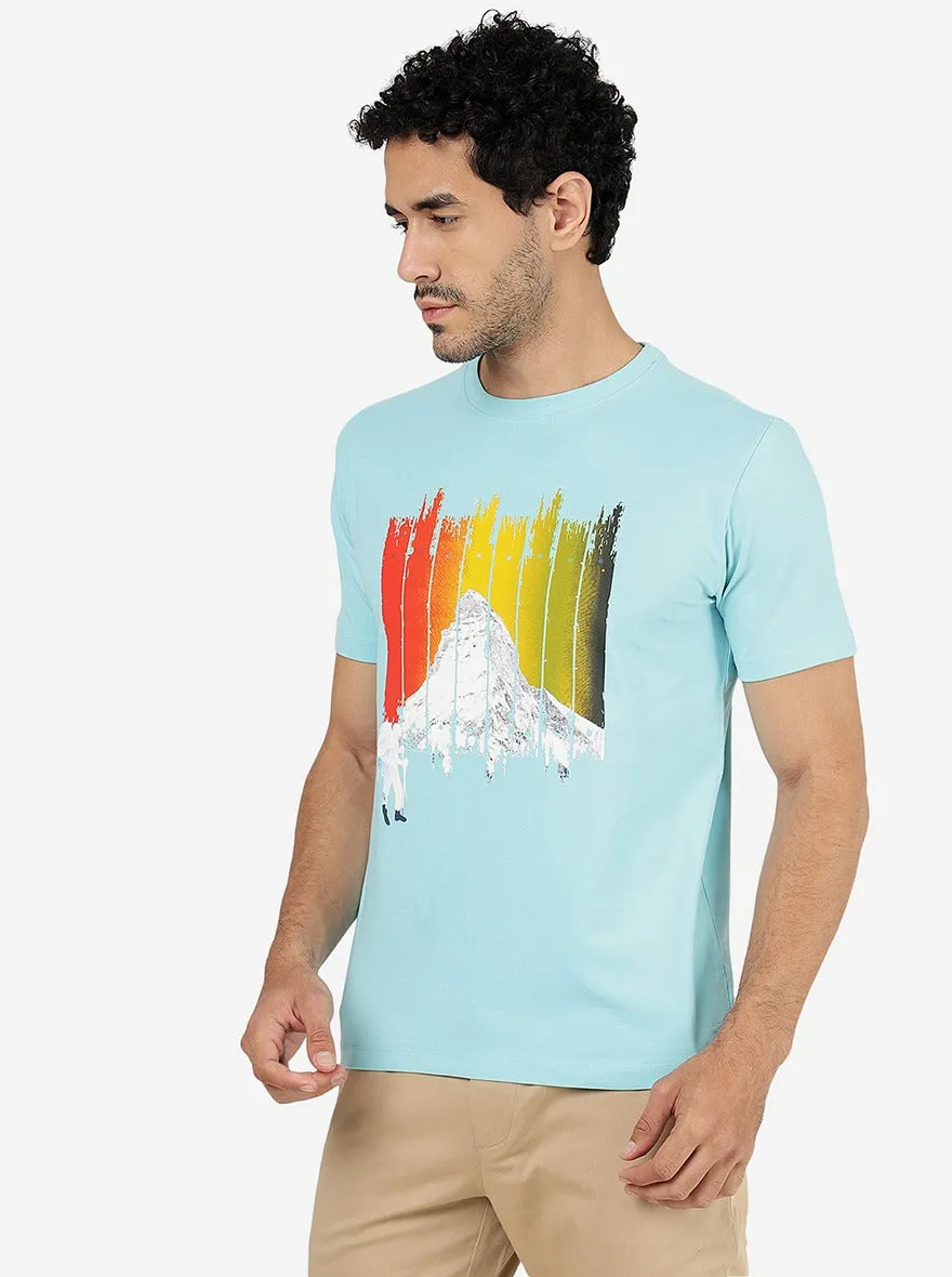 Turquoise Blue Printed Slim Fit T-Shirt | JadeBlue