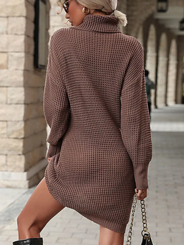 Turtleneck Knit Dress with Textured Design and Long Sleeves