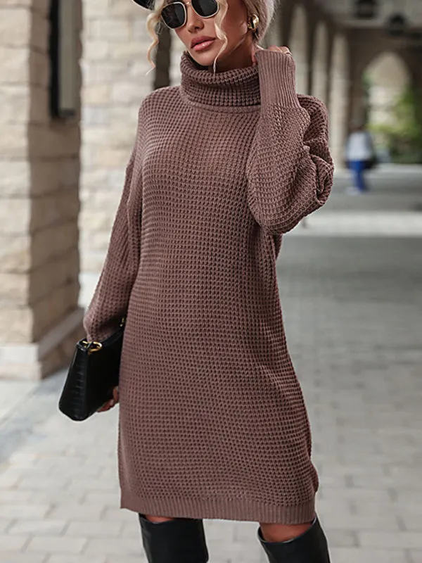 Turtleneck Knit Dress with Textured Design and Long Sleeves