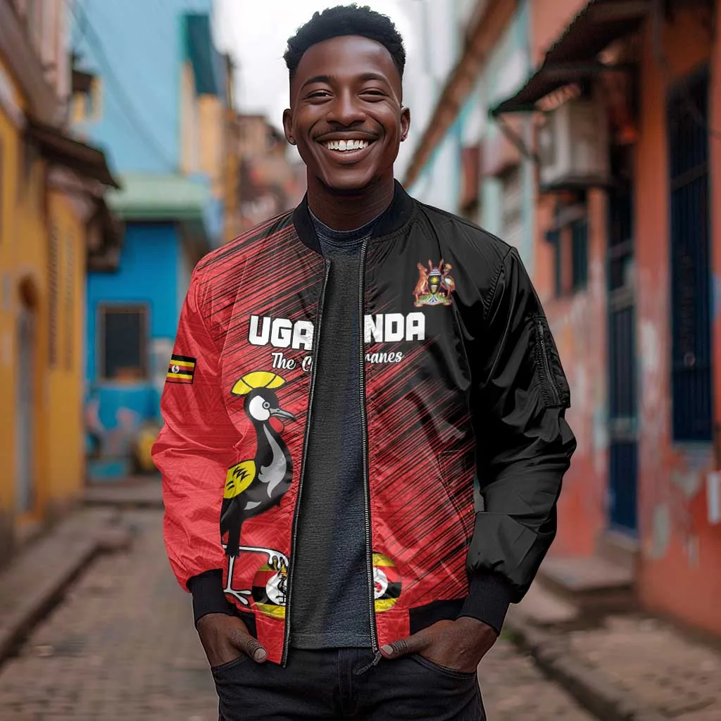 Uganda Football Custom Sleeve Zip Bomber Jacket African Pattern Mix Grunge Style - Red Color LT15