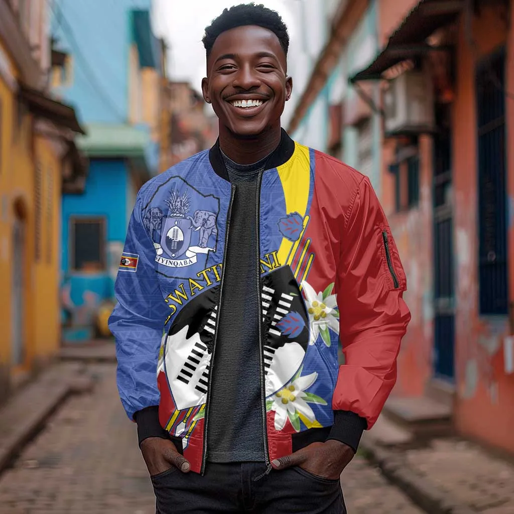 Umbuso weSwatini Sleeve Zip Bomber Jacket Nguni Shield Edelweiss Flower LT15