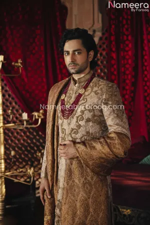 Unique Atlas Jamawar Mens Sherwani Wedding Attire #GN17