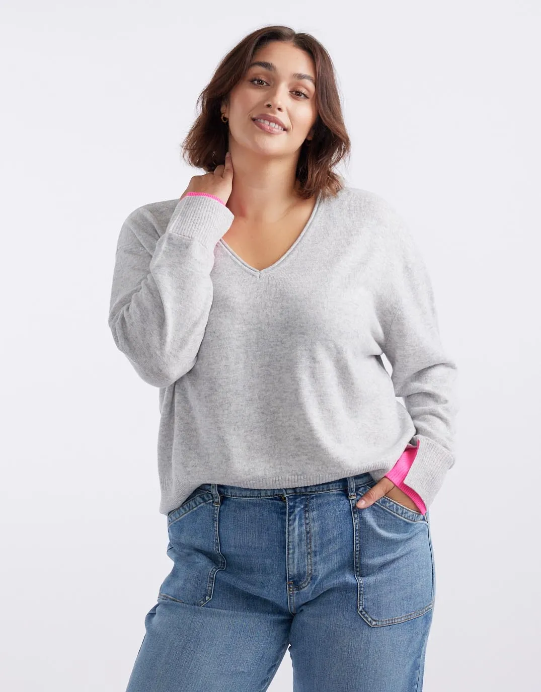Upstate Wool Cashmere Double Cuff Knit Jumper - Grey Marle/Neon Pink