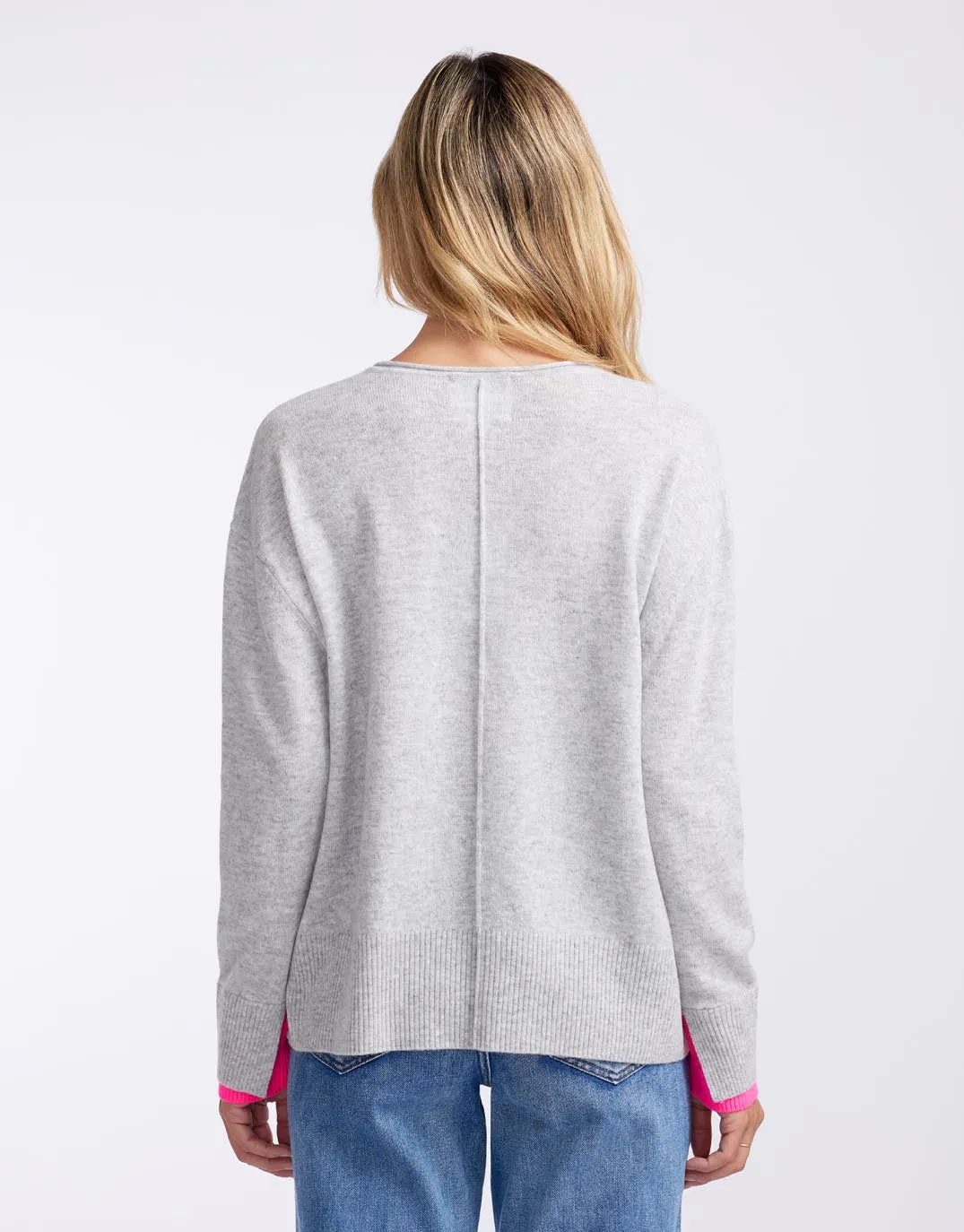 Upstate Wool Cashmere Double Cuff Knit Jumper - Grey Marle/Neon Pink
