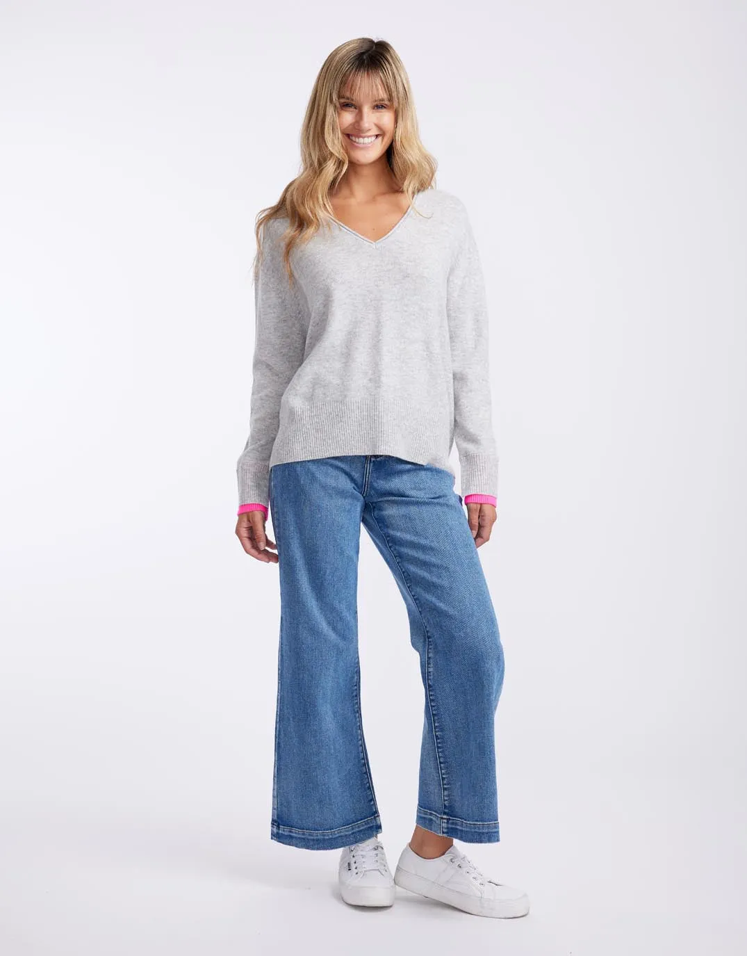 Upstate Wool Cashmere Double Cuff Knit Jumper - Grey Marle/Neon Pink