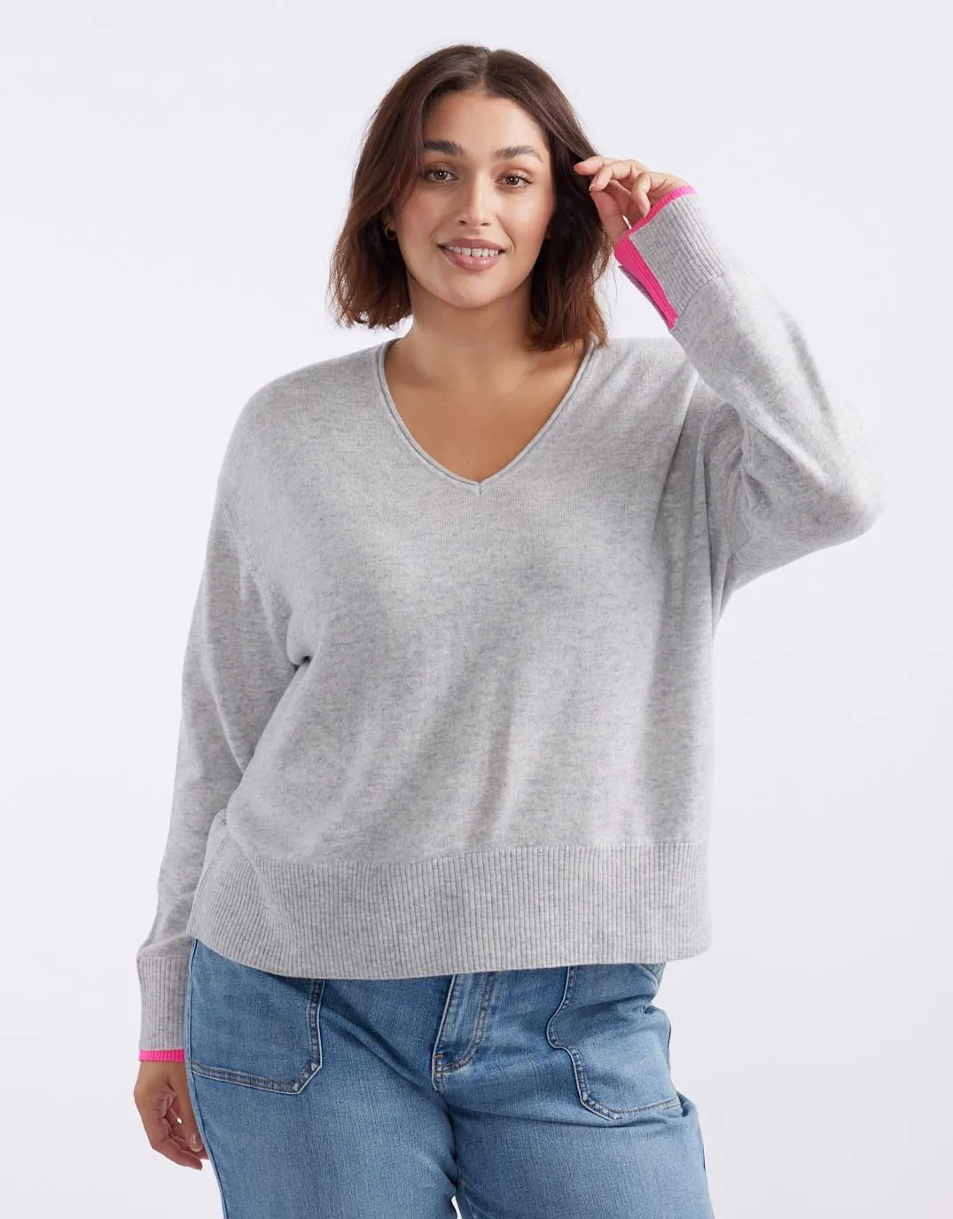 Upstate Wool Cashmere Double Cuff Knit Jumper - Grey Marle/Neon Pink