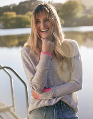 Upstate Wool Cashmere Double Cuff Knit Jumper - Grey Marle/Neon Pink