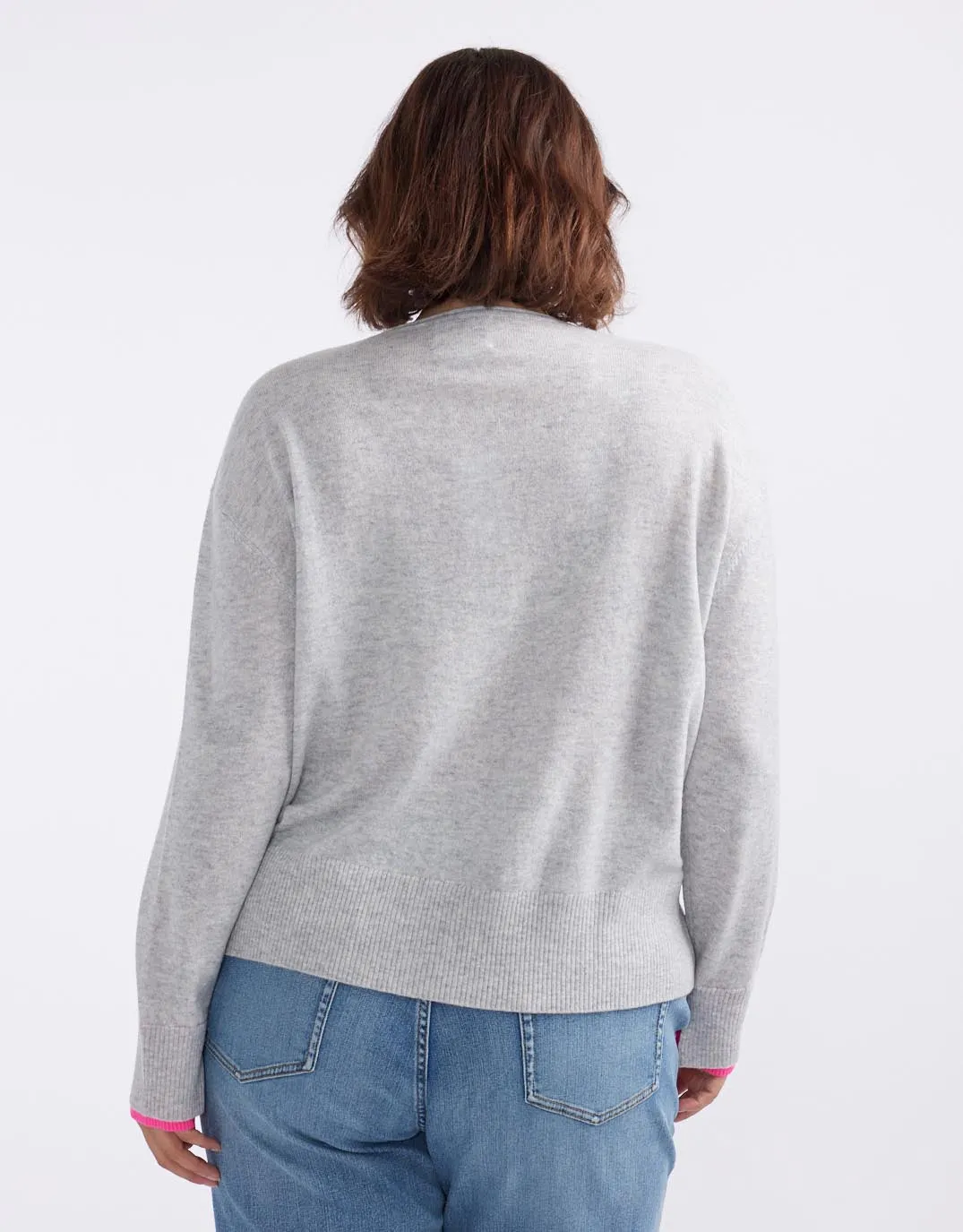 Upstate Wool Cashmere Double Cuff Knit Jumper - Grey Marle/Neon Pink