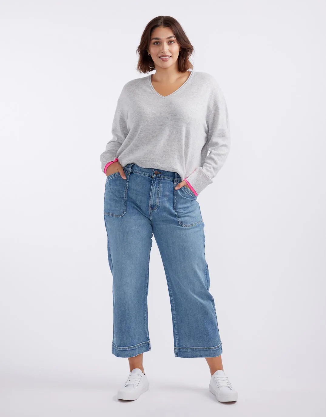 Upstate Wool Cashmere Double Cuff Knit Jumper - Grey Marle/Neon Pink