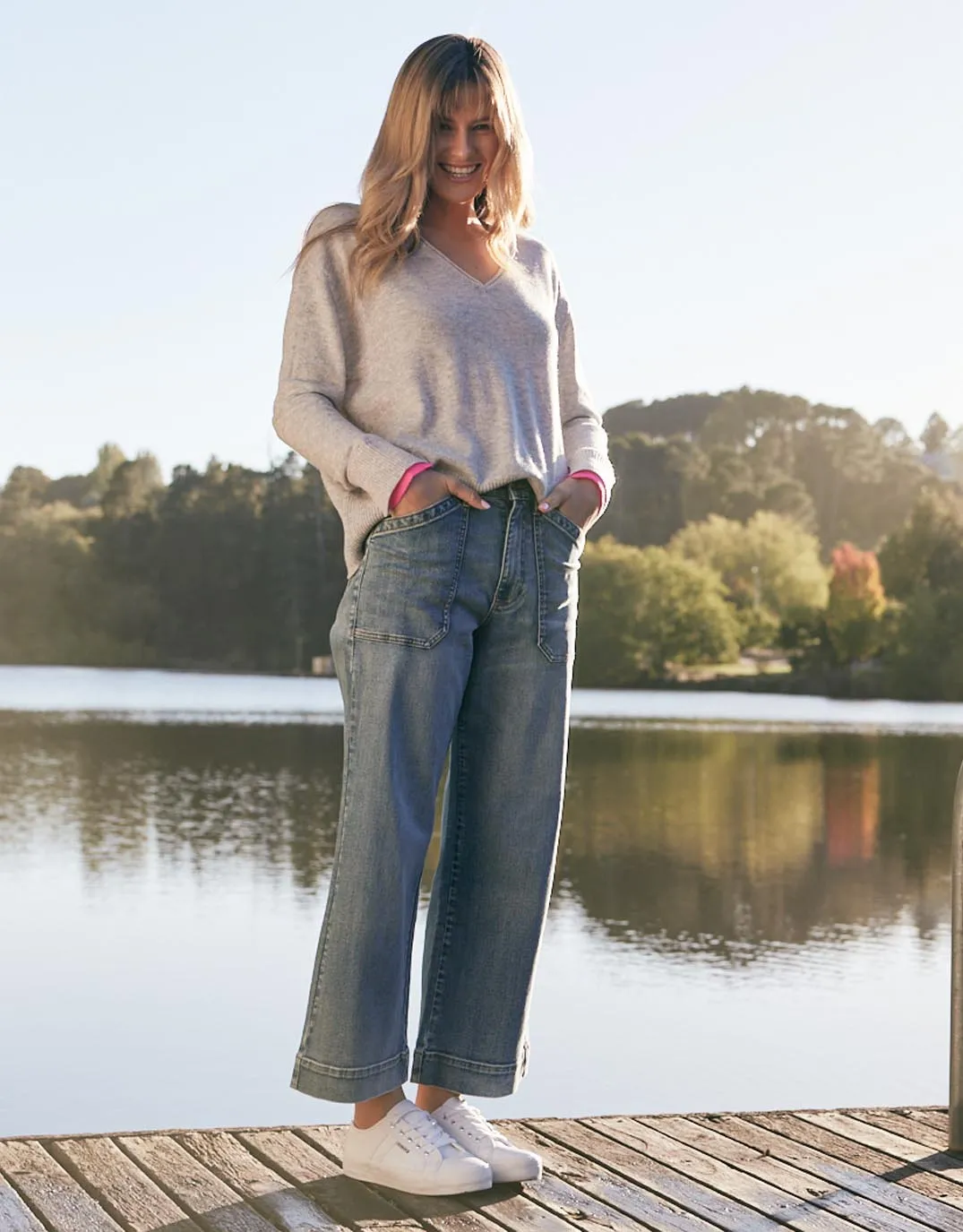 Upstate Wool Cashmere Double Cuff Knit Jumper - Grey Marle/Neon Pink