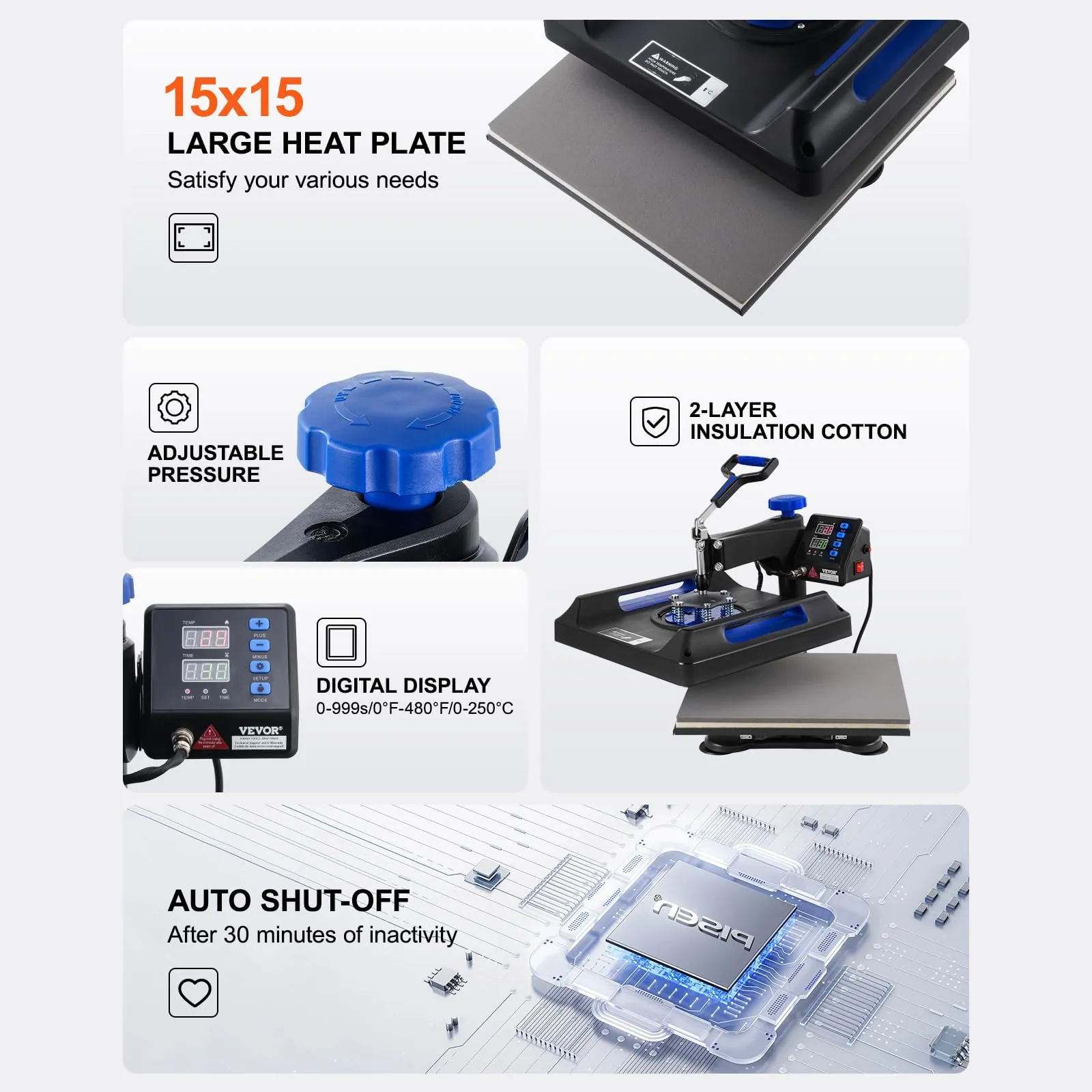 VEVOR Pro 15x15 Heat Press with 30 OZ Tumbler Attachment, 8in1 Combo Tumbler Hat Heat Press for T-Shirts, Tumblers Glass Cans Mugs Hats Caps, and Plates (Black & Blue)