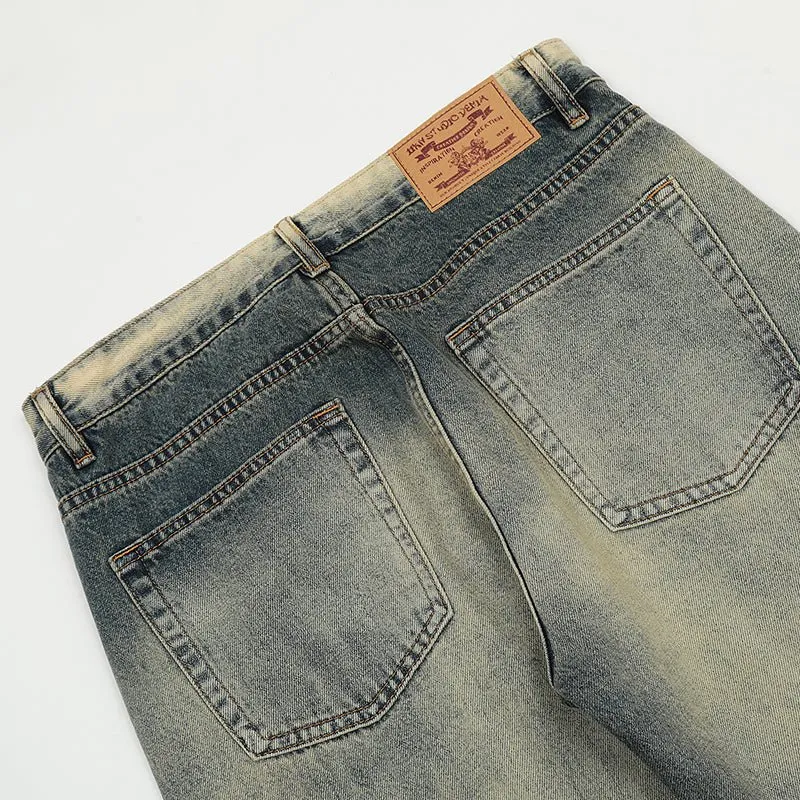Vintage Washed Straight Leg Jeans - Faded Blue
