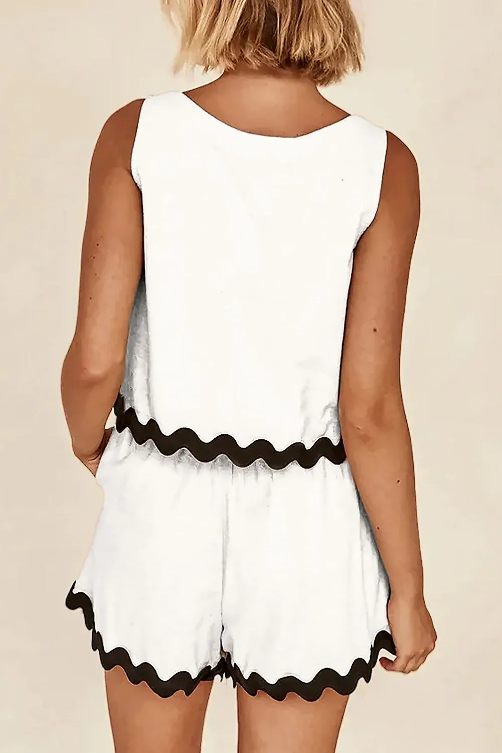 White Ricrac Trim Tank Top Elastic Waist Shorts Set
