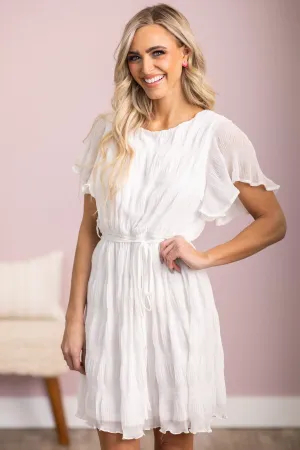 White Tie Waist Textured Flutter Sleeve Dress