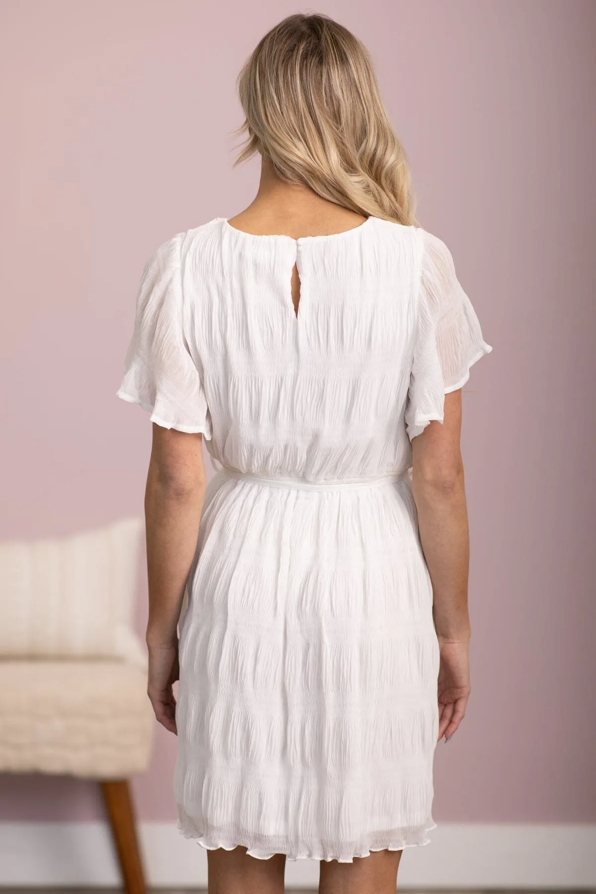 White Tie Waist Textured Flutter Sleeve Dress