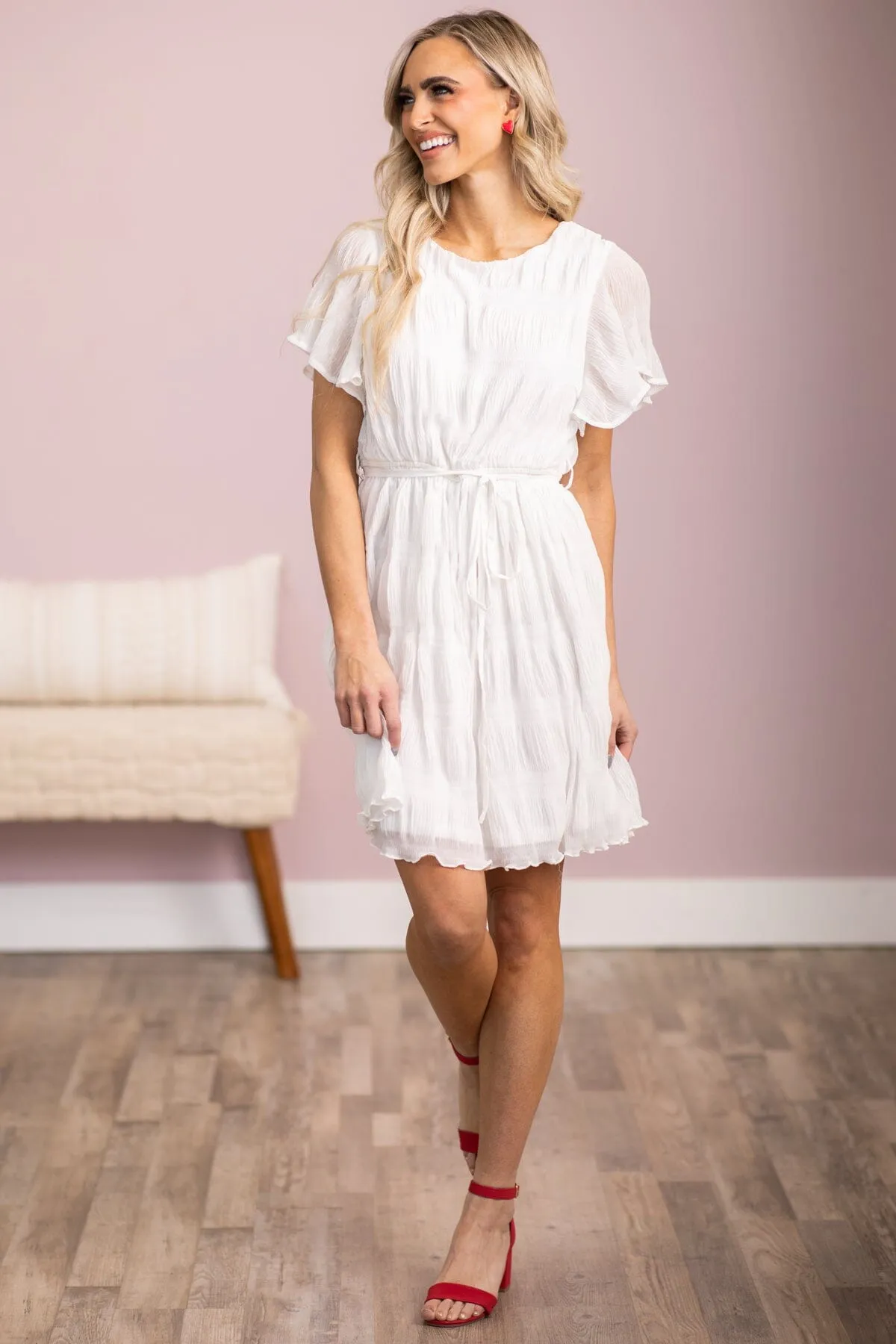 White Tie Waist Textured Flutter Sleeve Dress