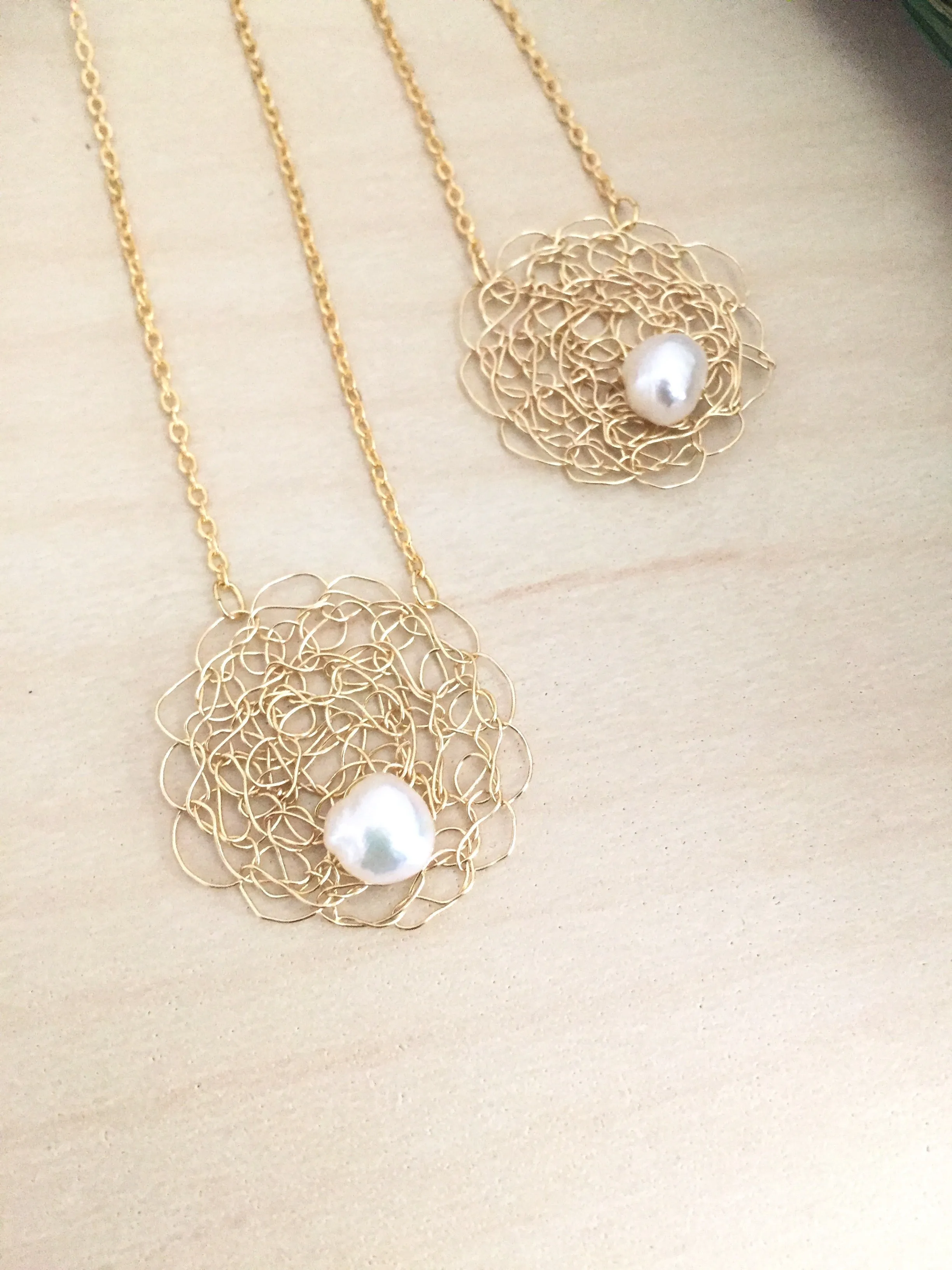 Wire Crochet Sarah Necklace -Delicate Lacy Woven Wire Pendant with Freshwater Pearls