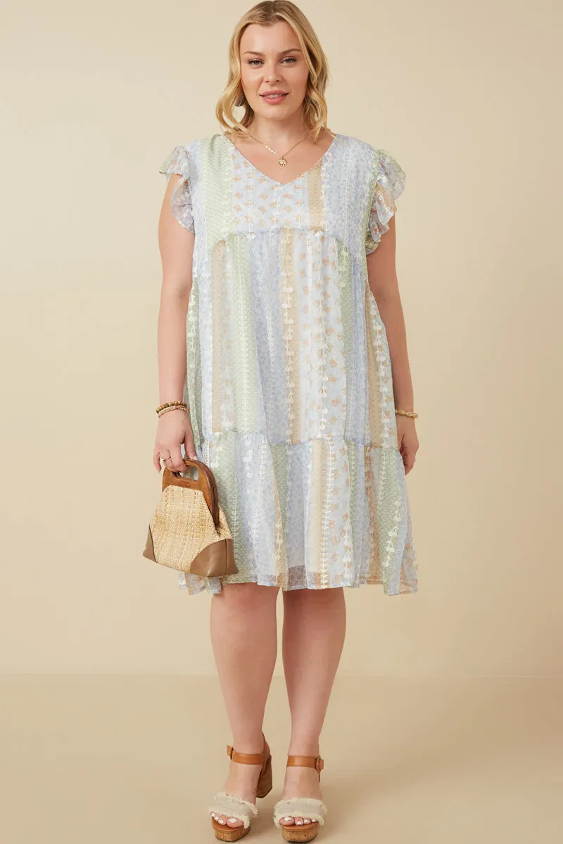Womens Crochet Lace Textured Print Block Ruffle Sleeve Dress