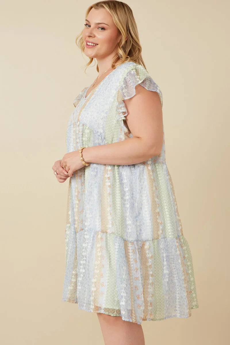 Womens Crochet Lace Textured Print Block Ruffle Sleeve Dress