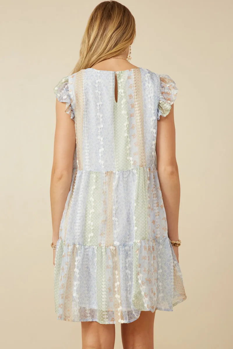 Womens Crochet Lace Textured Print Block Ruffle Sleeve Dress