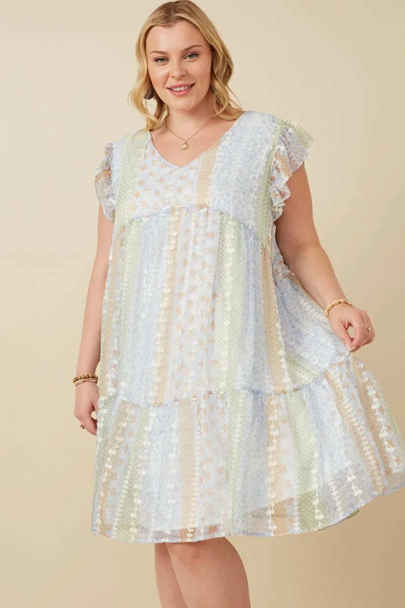 Womens Crochet Lace Textured Print Block Ruffle Sleeve Dress