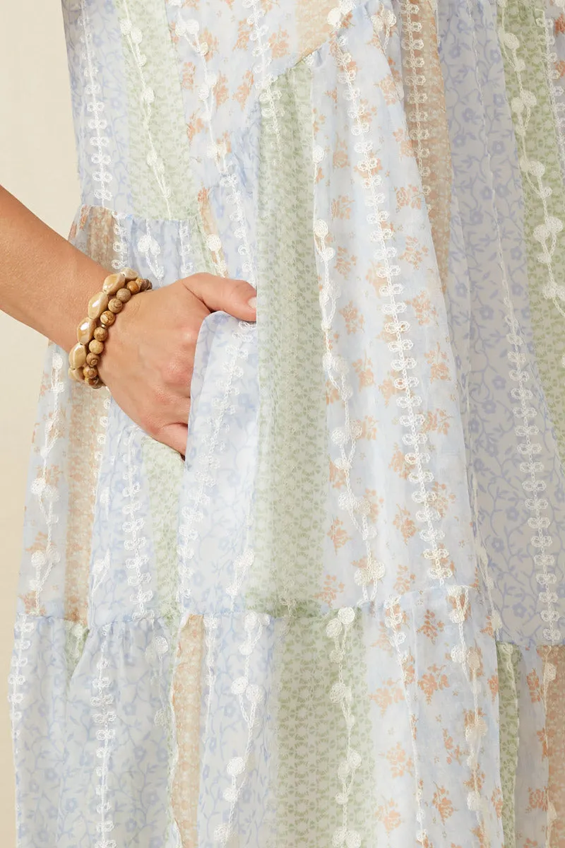 Womens Crochet Lace Textured Print Block Ruffle Sleeve Dress