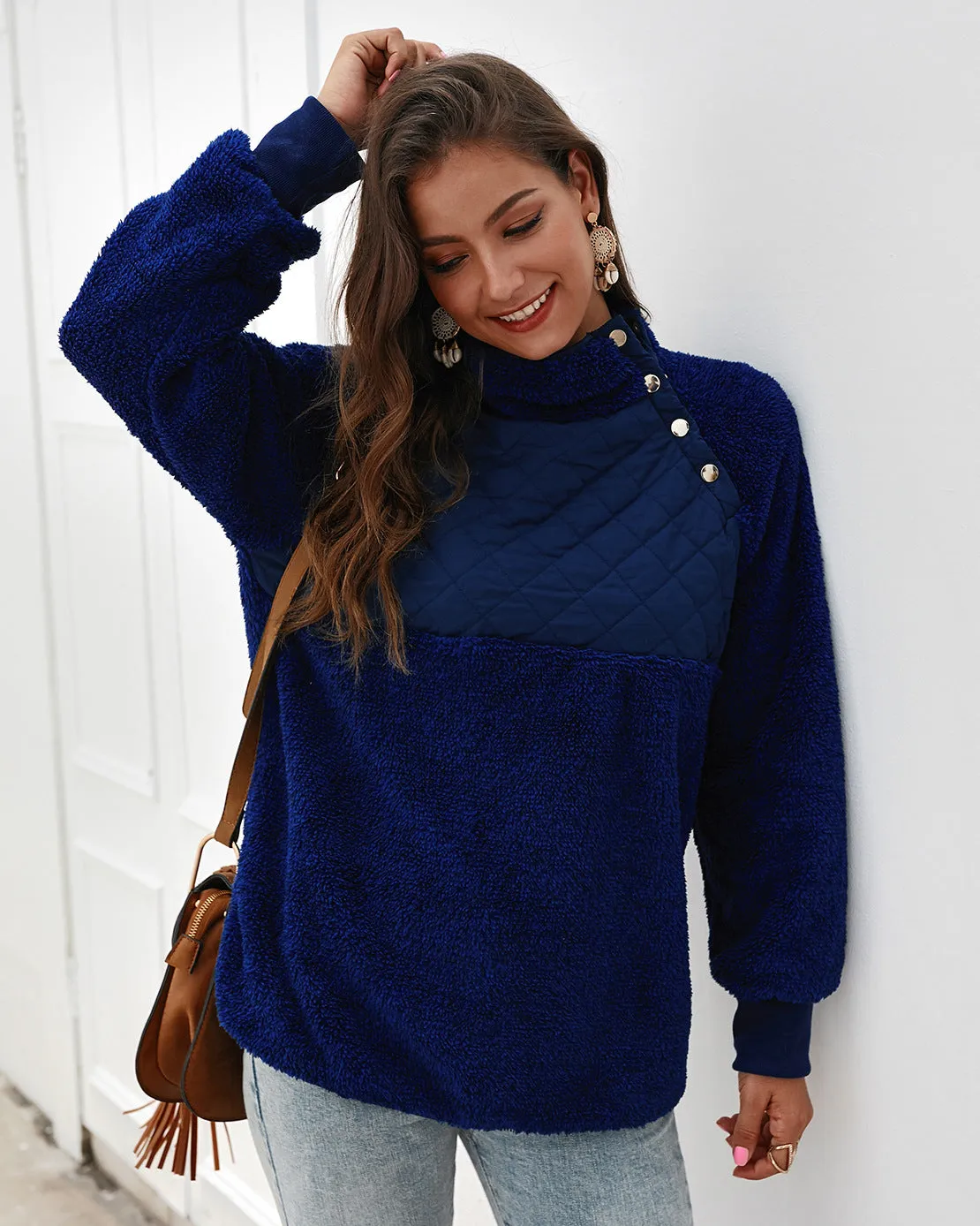 Women's High Collar Oblique Button Sweater Long Sleeve