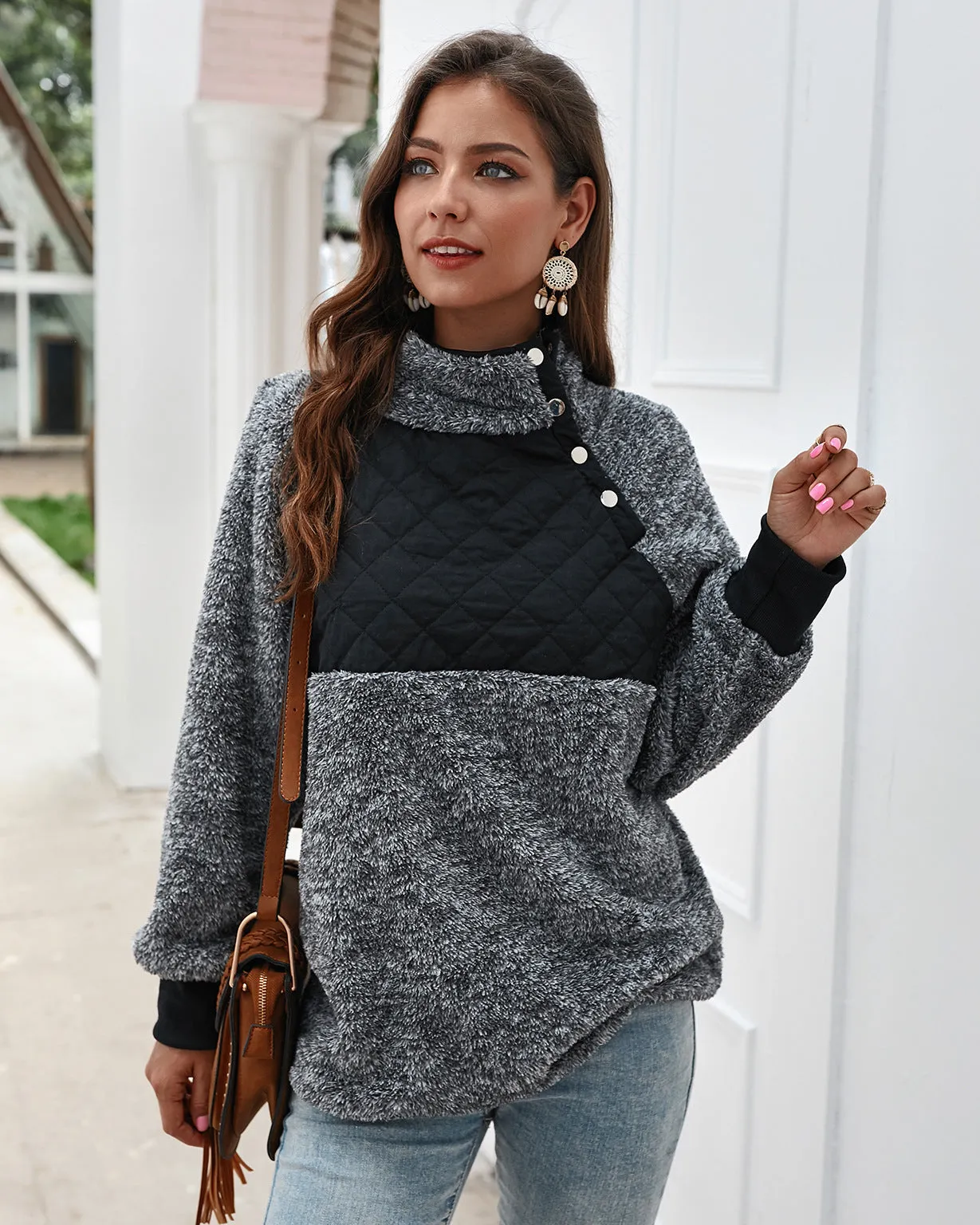 Women's High Collar Oblique Button Sweater Long Sleeve