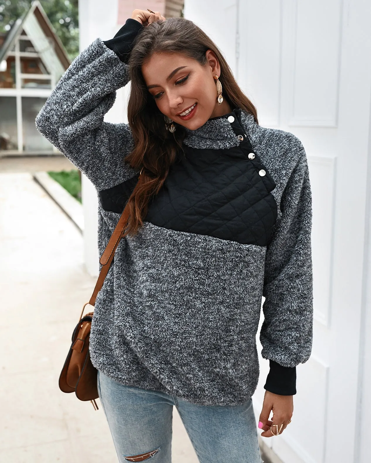 Women's High Collar Oblique Button Sweater Long Sleeve