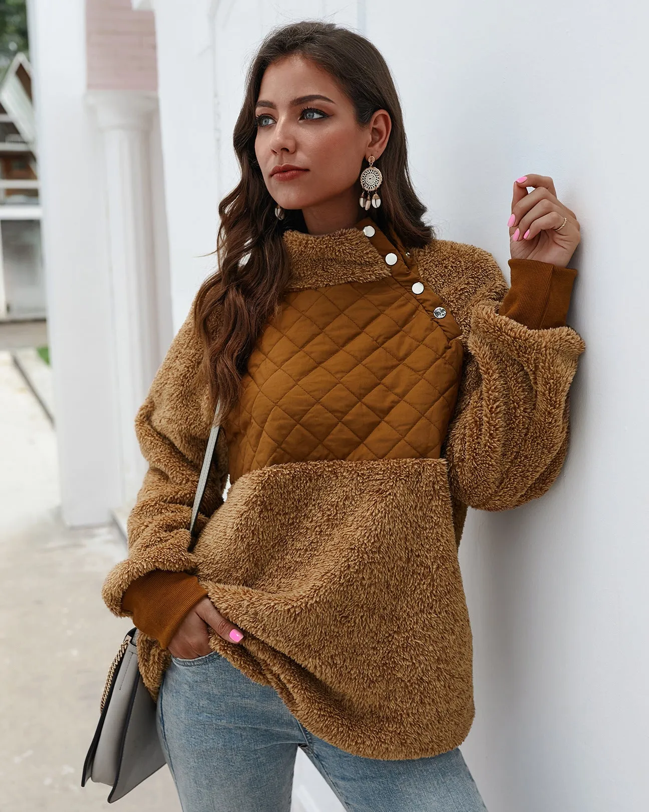 Women's High Collar Oblique Button Sweater Long Sleeve