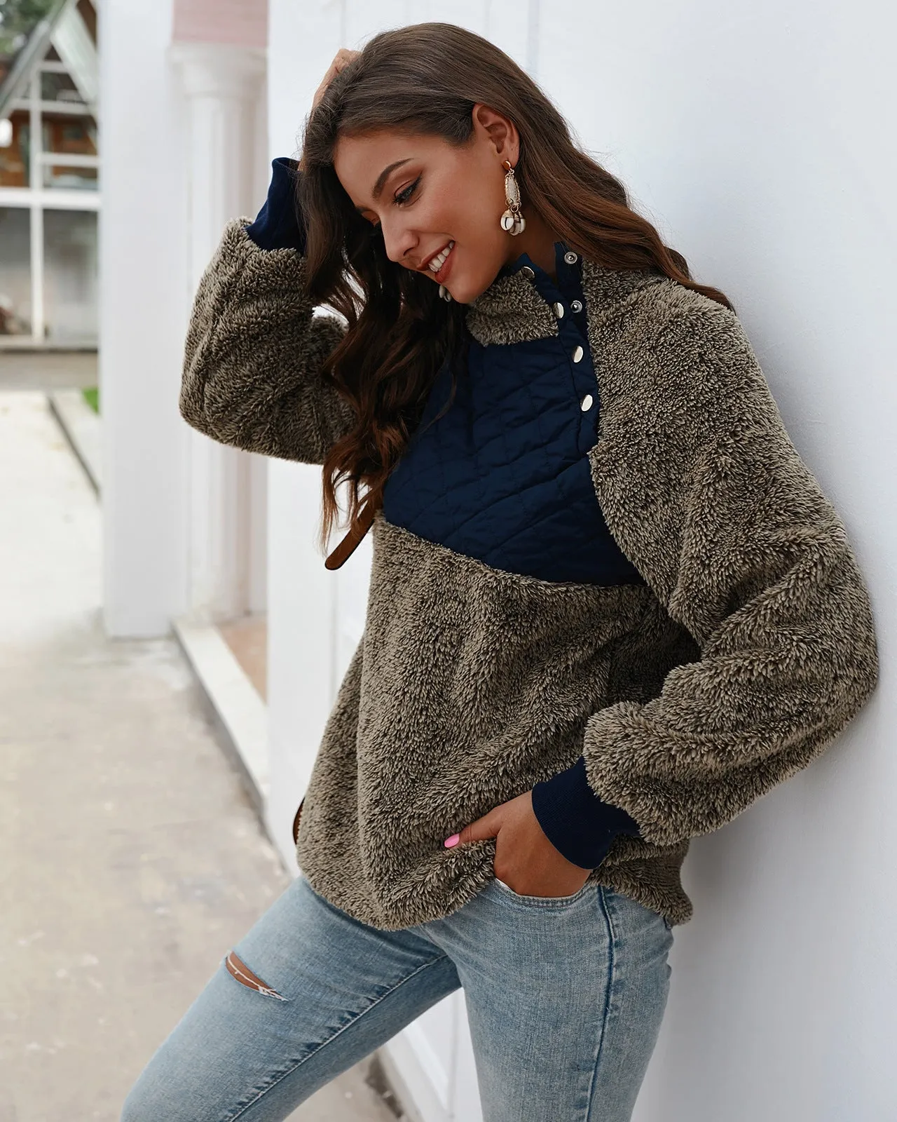 Women's High Collar Oblique Button Sweater Long Sleeve