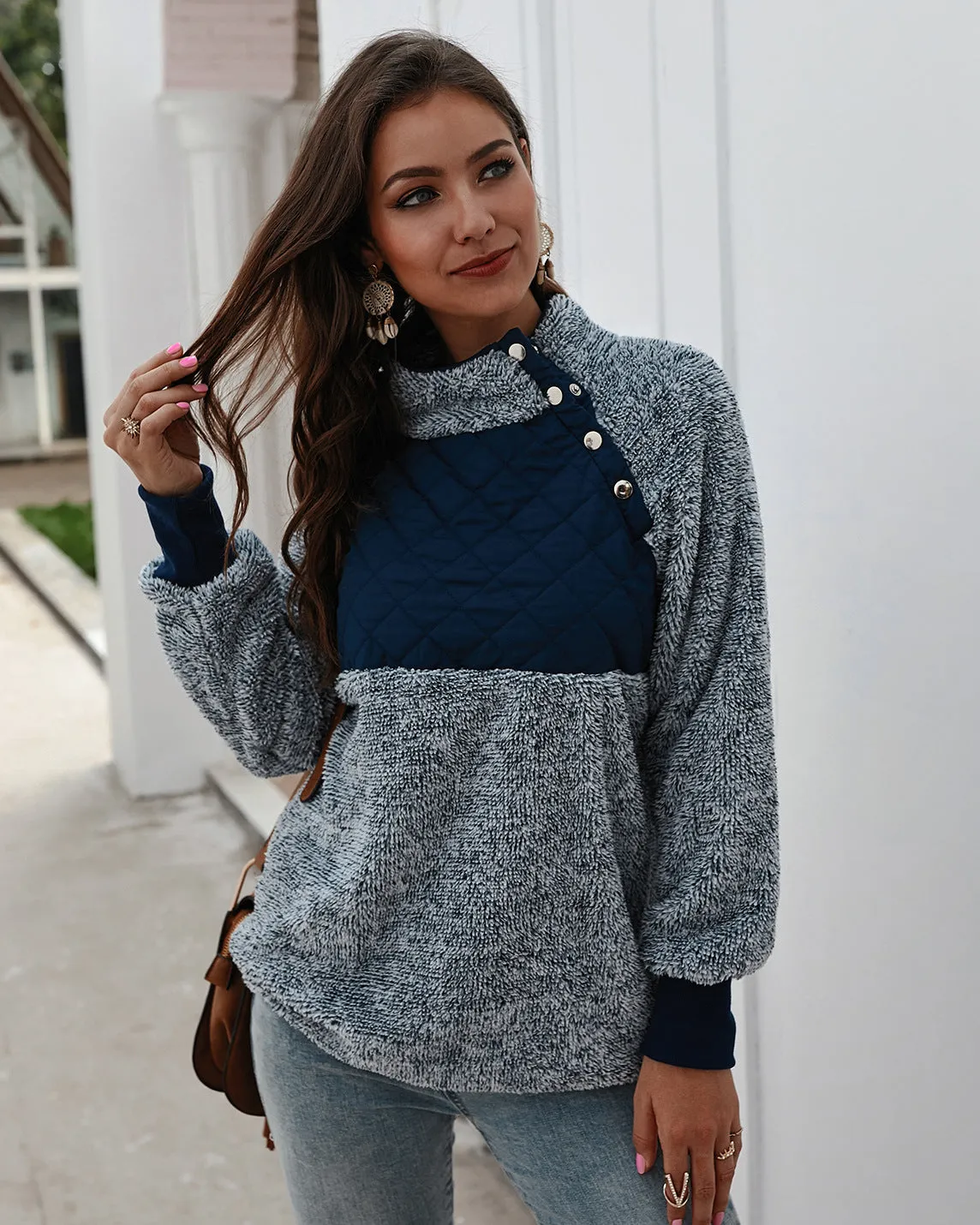 Women's High Collar Oblique Button Sweater Long Sleeve