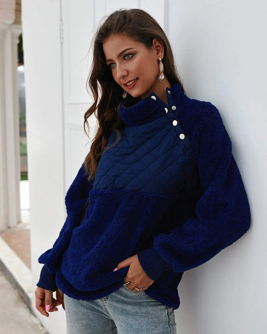 Women's High Collar Oblique Button Sweater Long Sleeve