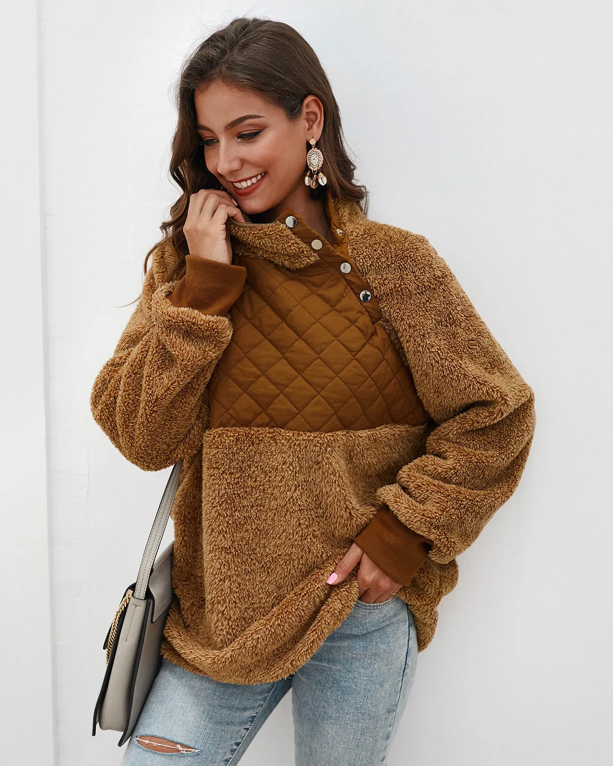 Women's High Collar Oblique Button Sweater Long Sleeve