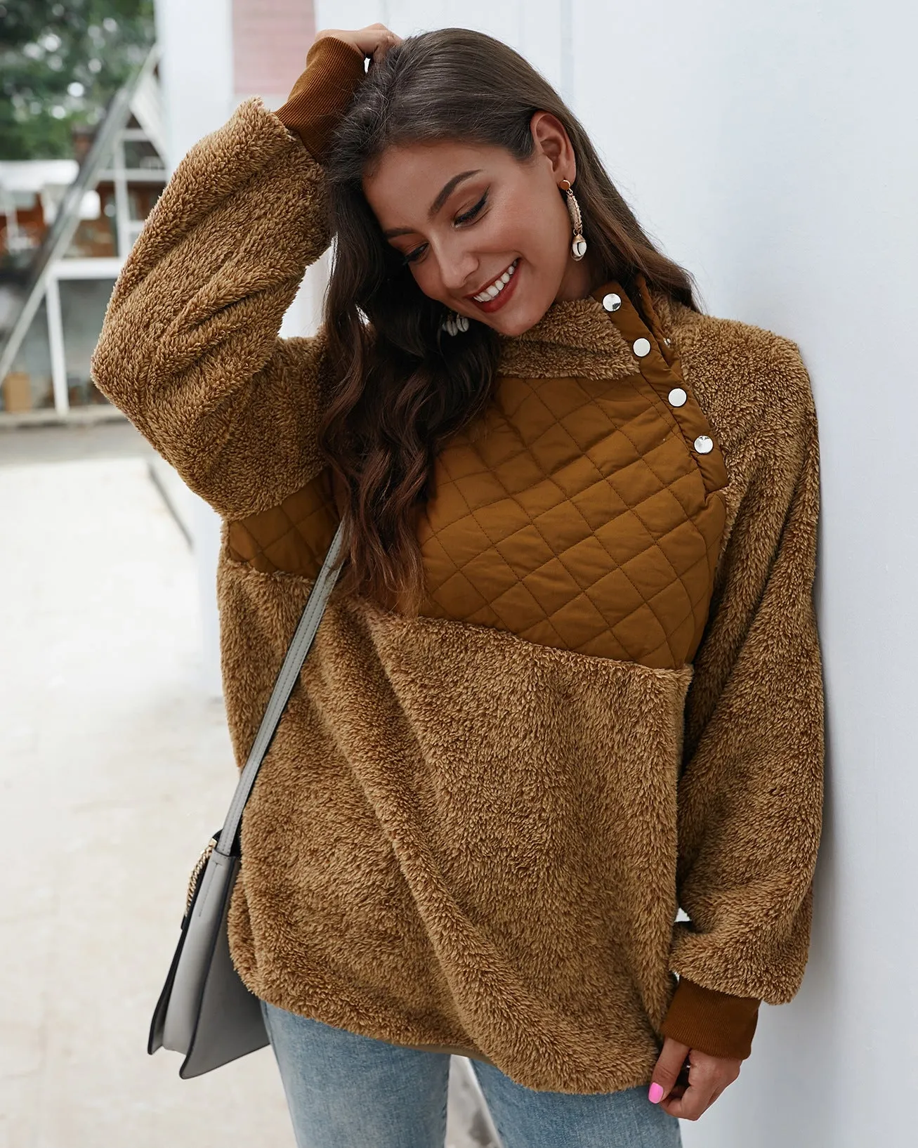 Women's High Collar Oblique Button Sweater Long Sleeve
