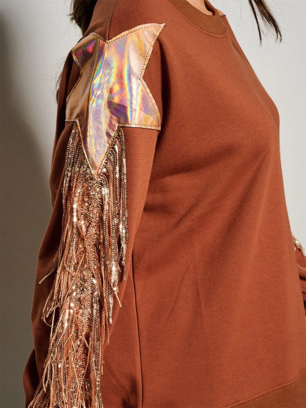 WOMEN'S LONG SLEEVE FRINGE SEQUINS DETAILED SWEATER