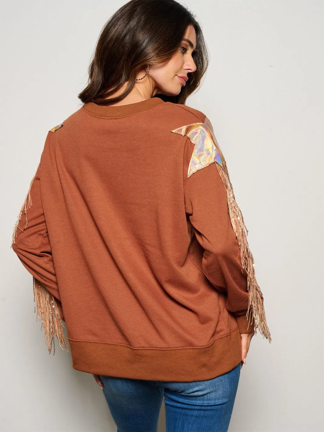WOMEN'S LONG SLEEVE FRINGE SEQUINS DETAILED SWEATER