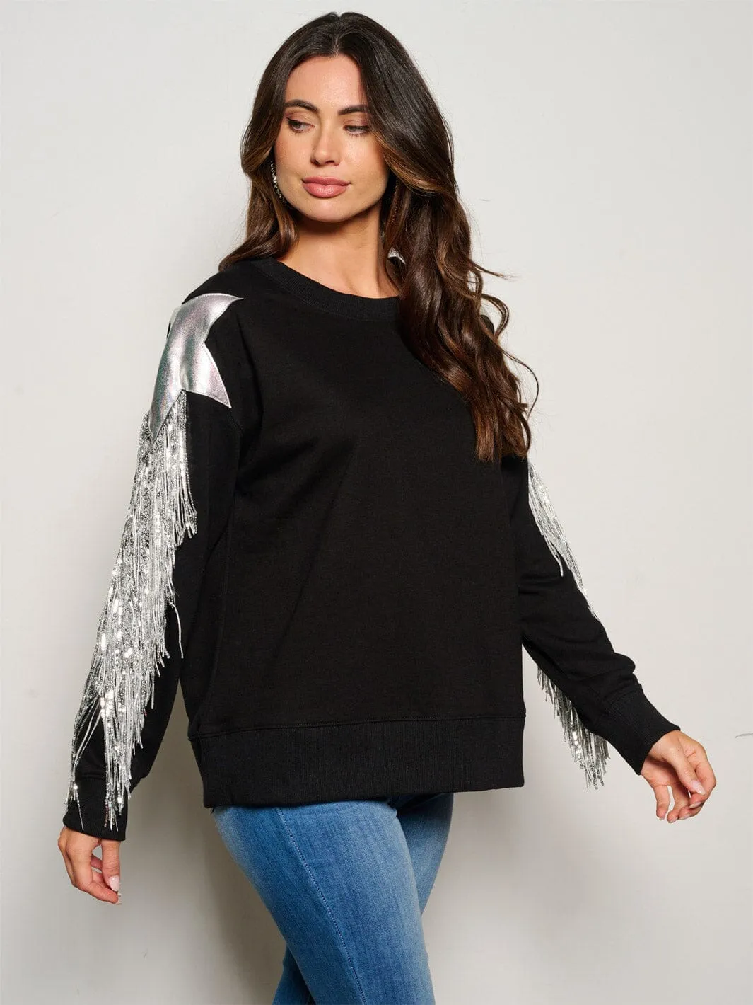 WOMEN'S LONG SLEEVE FRINGE SEQUINS DETAILED SWEATER