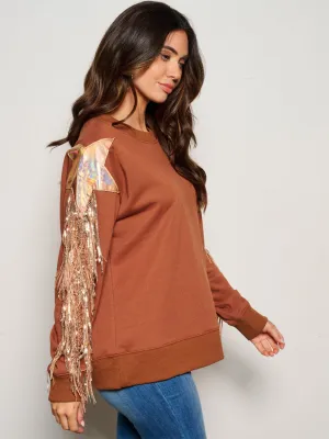 WOMEN'S LONG SLEEVE FRINGE SEQUINS DETAILED SWEATER