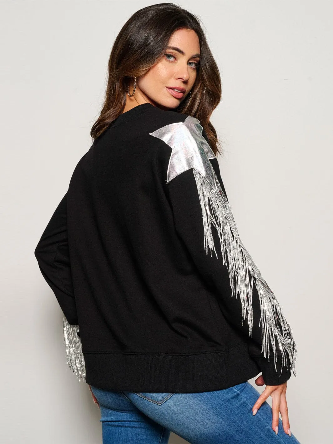 WOMEN'S LONG SLEEVE FRINGE SEQUINS DETAILED SWEATER