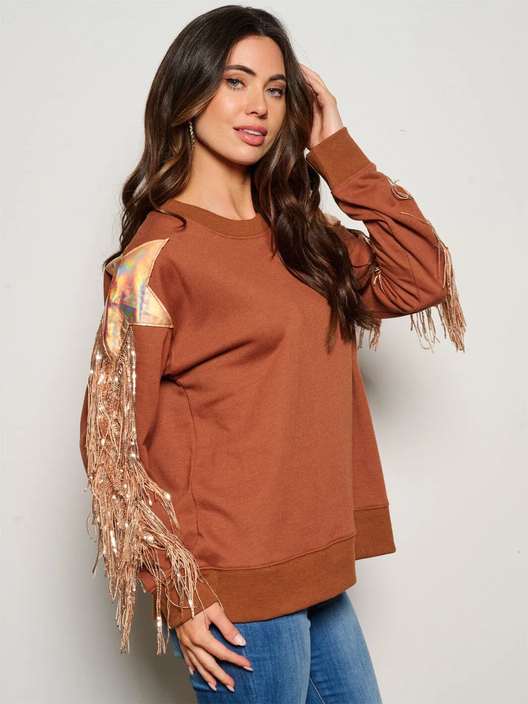 WOMEN'S LONG SLEEVE FRINGE SEQUINS DETAILED SWEATER