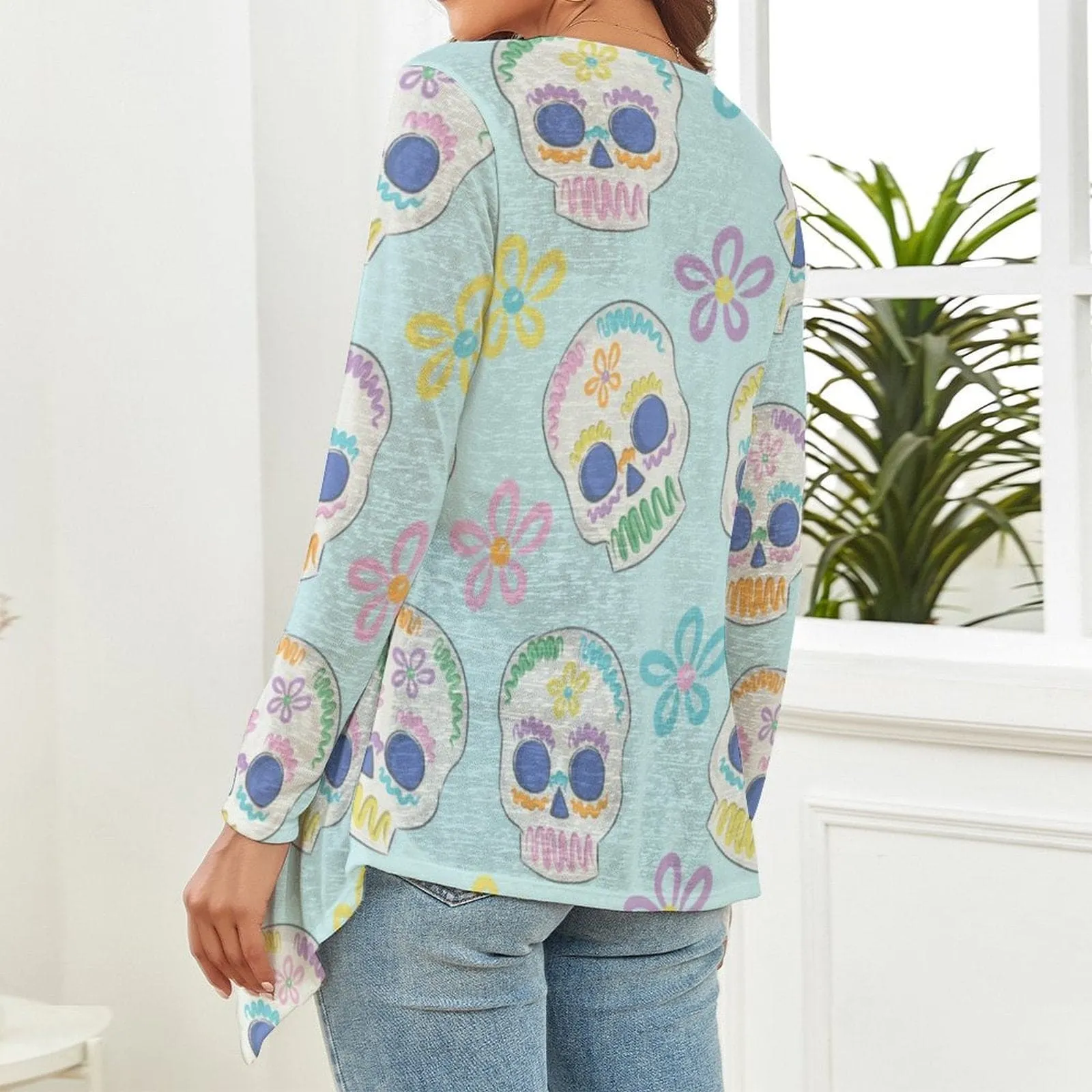 Women's Soft Blue Background With Skulls knitted cardigan