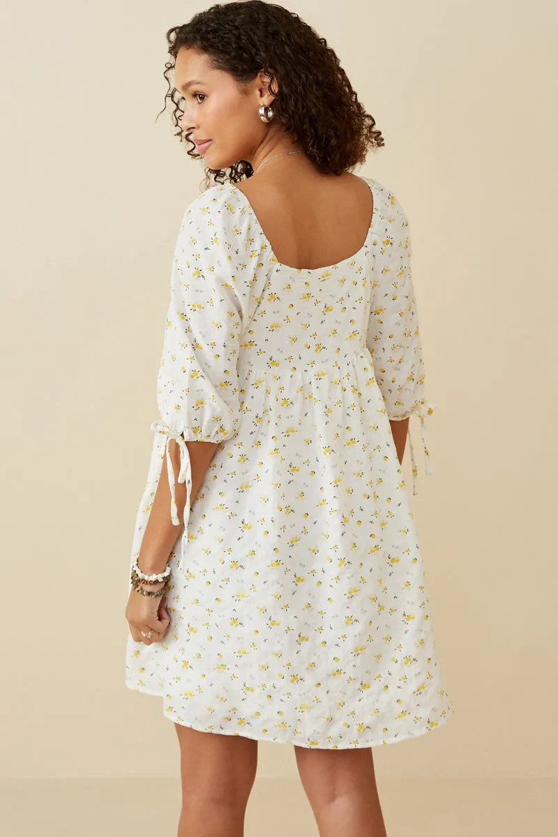 Womens Textured Ditsy Floral Square Neck Tie Sleeve Dress